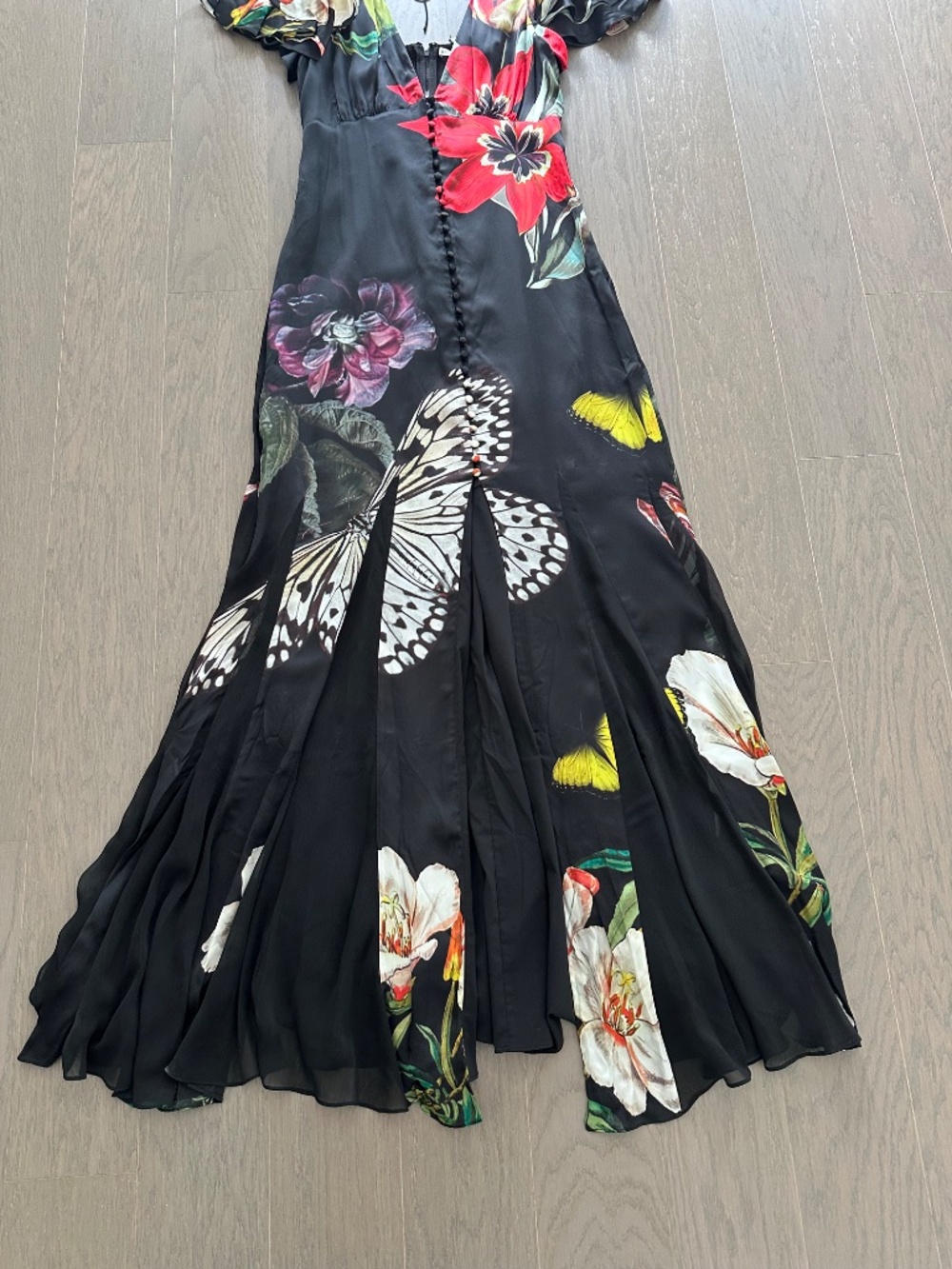 Alice + Olivia FARA Black Floral Butterfly Flutter Sleeve Maxi Dress - Size 2 - Picture 5 of 12